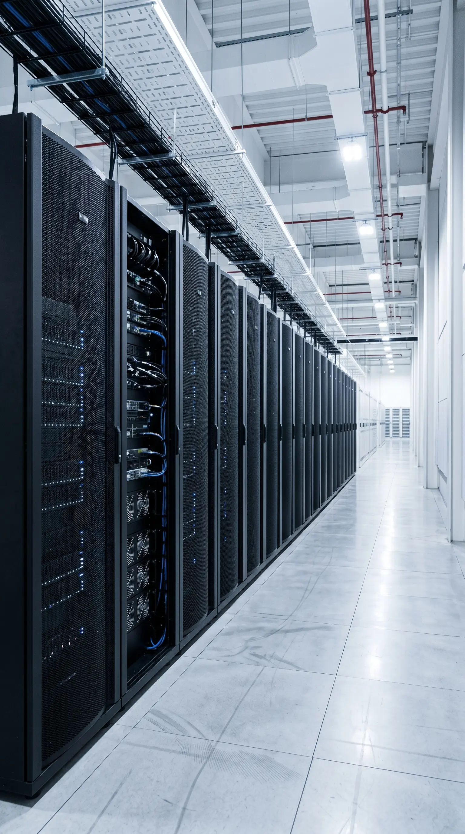 Row of black server racks with cables and blue lights in a bright, clean data center hallway.