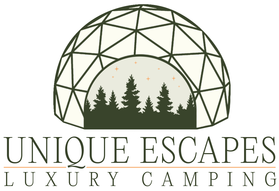 Geodesic dome with pine trees and stars inside, above the text 'Unique Escapes Luxury Camping'.