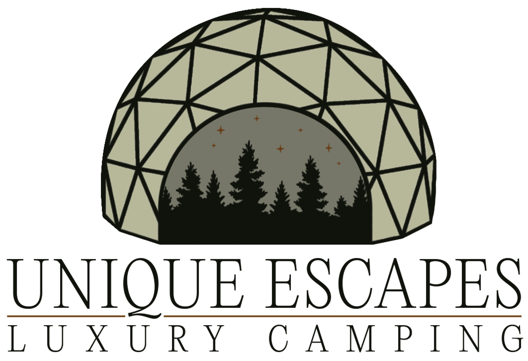 Logo featuring a geodesic dome with pine trees and stars inside, with the text 'Unique Escapes Luxury Camping' below.