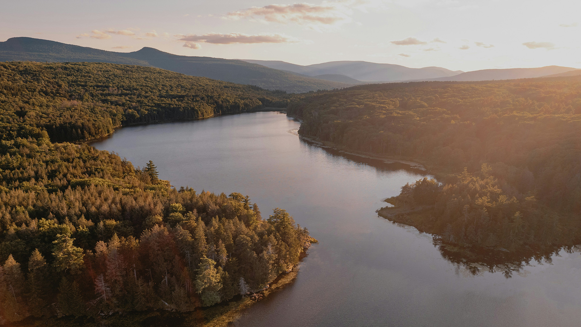 aerial view of a lake surrounded by autumn trees at Unique Escapes NY