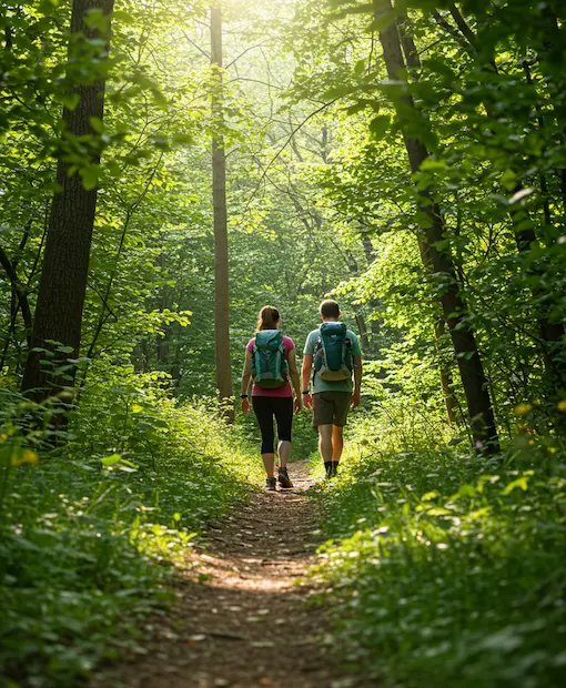 couple walking through a lush green forest trail