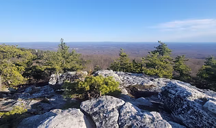 Sweeping panoramic view from a rocky ridge overlooking a vast wooded valley, highlighting the challenging 9.1-mile Mamakating ridge hike and its rewarding views for experienced hikers.