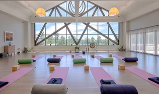 A bright, spacious yoga and meditation studio overlooking a lake, set up with mats and bolsters, representing the holistic wellness resort and its restorative Ayurveda, yoga, and massage experiences.