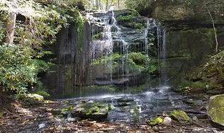 A beautiful, multi-tiered waterfall cascading over mossy rocks in a dense, peaceful forest, highlighting the scenic rewards and river access along the 3.2-mile out-and-back trail.