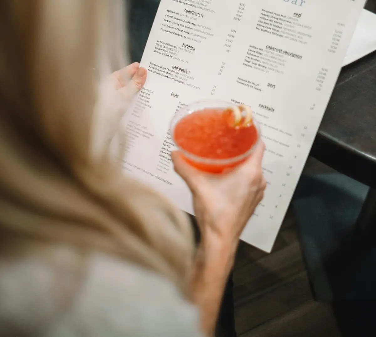 person holding a cocktail glass and reading a menu at Unique Escapes NY