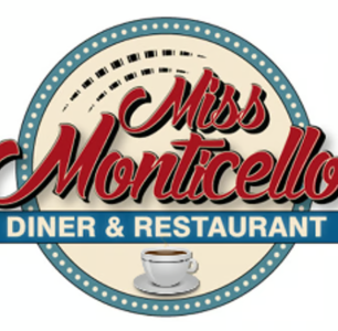 The Miss Monticello Diner & Restaurant logo, featuring retro red script text and a cup of coffee, representing a classic American diner known for comfort food and hearty breakfasts.