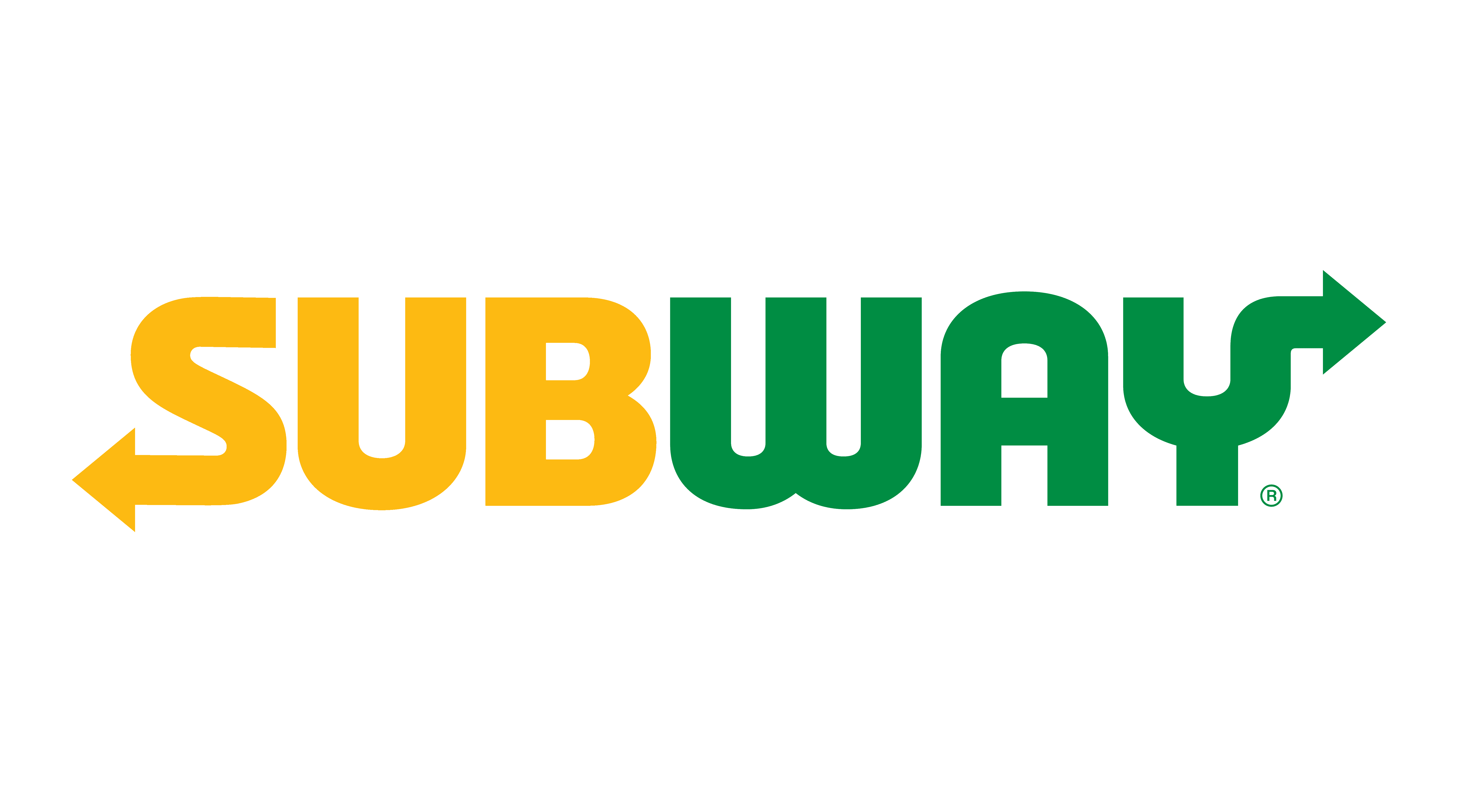 The iconic Subway logo, featuring the yellow and green arrows on the 'S' and 'Y', representing the restaurant known for fresh sandwiches, salads, and quick, customizable meals.