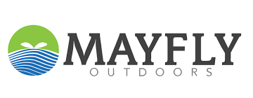 Logo of Mayfly Outdoors featuring a green circle with stylized water waves and two black flying insects above, next to the text 'MAYFLY OUTDOORS'.