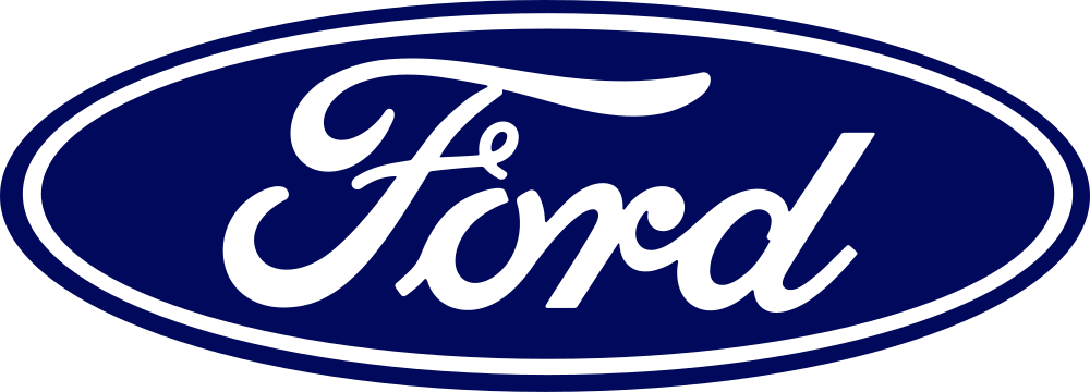 Ford logo with white cursive text inside a blue oval.