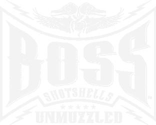 Logo with two birds above the large text 'BOSS', with 'SHOTSHELLS' and 'UNMUZZLED' below.