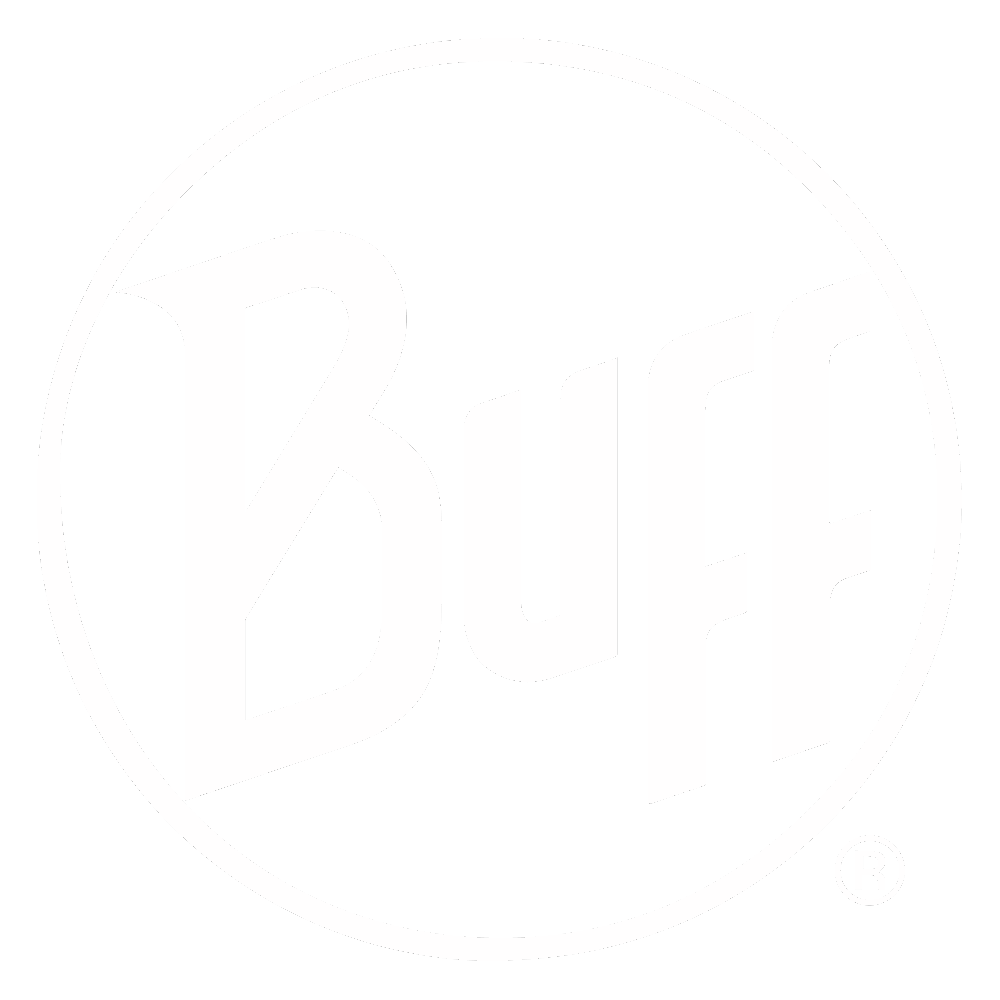 Buff brand logo with stylized white text inside a white circle on a black background.
