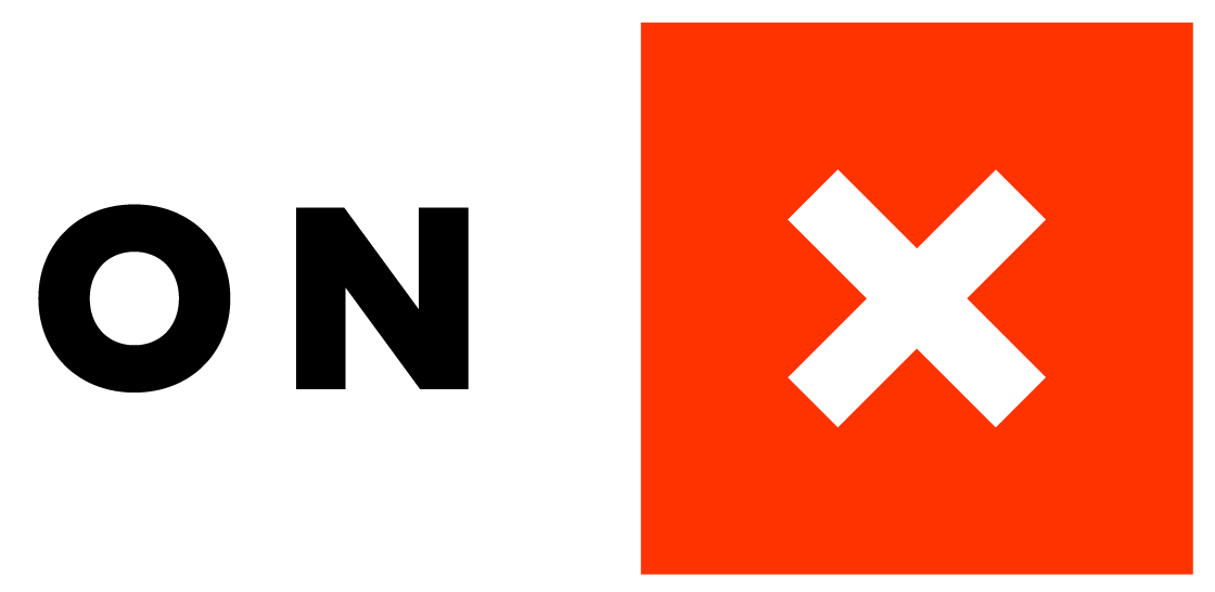 Onx logo with black text and red square