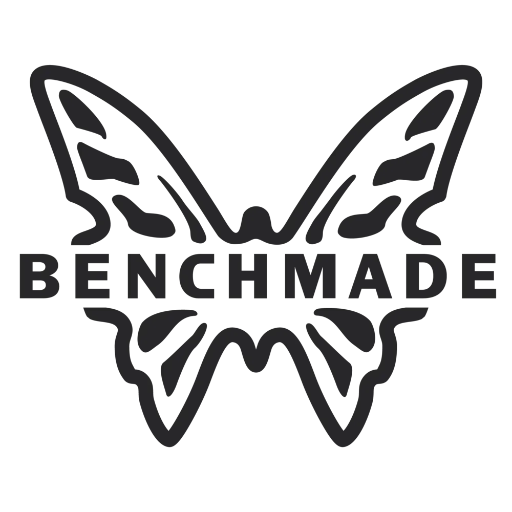 Black outline of a butterfly behind the text 'BENCHMADE' in bold capital letters.