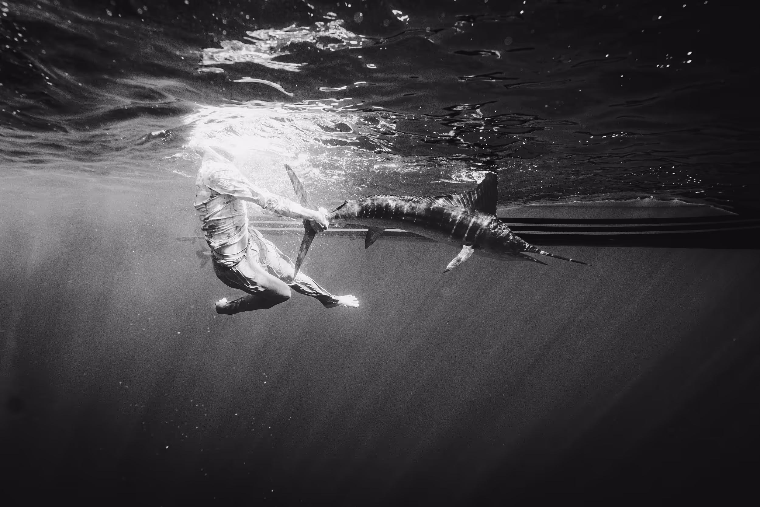 Underwater black-and-white photo of a person holding the tail of a swordfish near a boat.