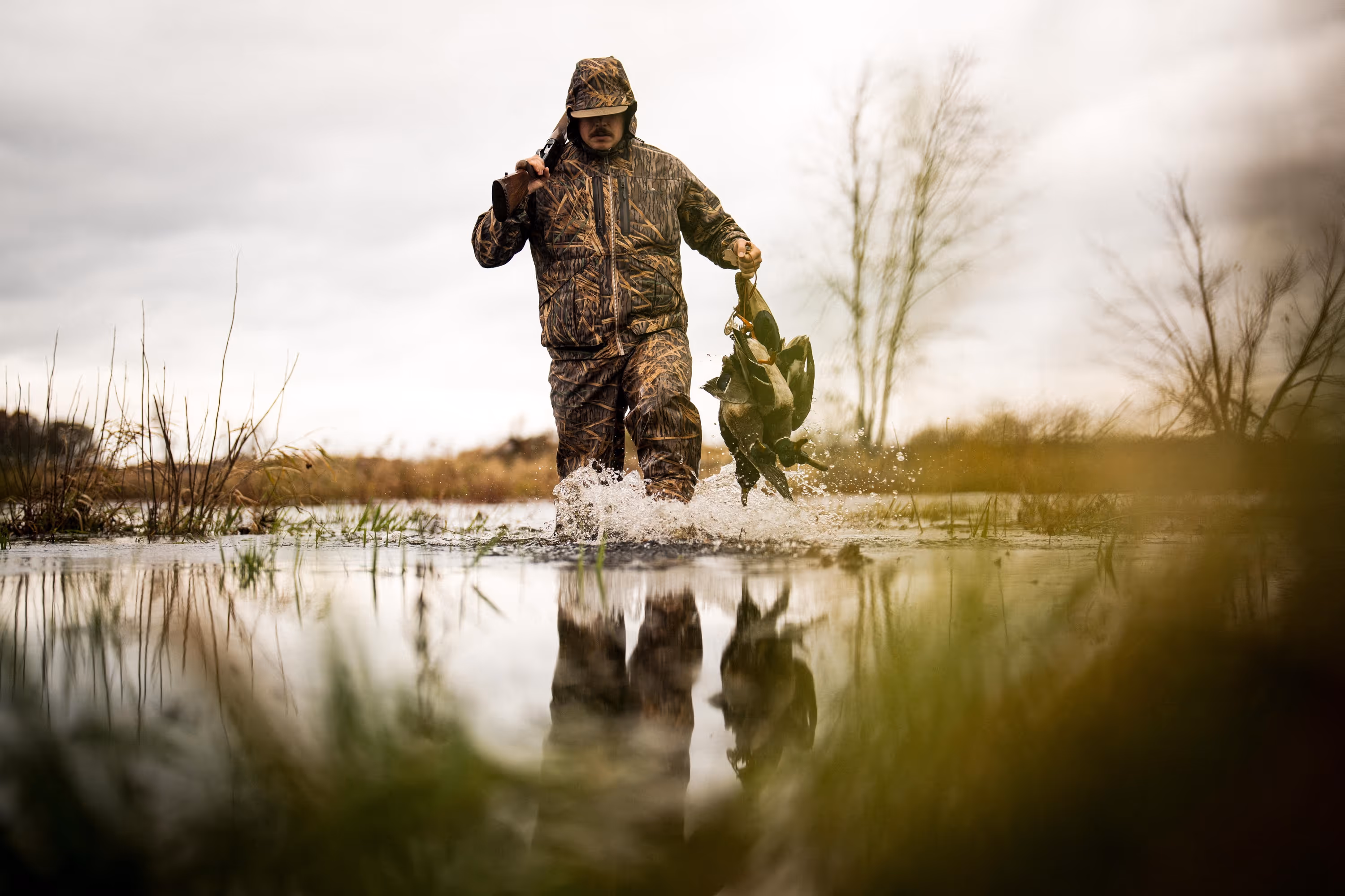 Hunter in camouflage clothing walking through shallow water carrying a shotgun and a bunch of ducks.