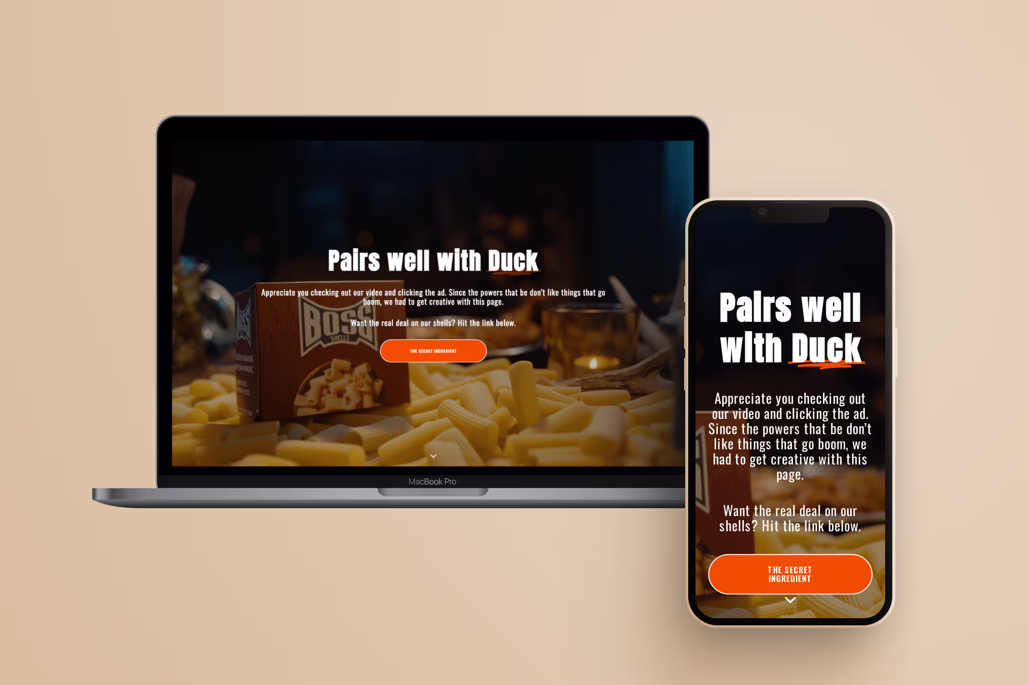 MacBook Pro and smartphone displaying a webpage titled 'Pairs well with Duck' over an image of pasta shells and a box of Bossy shells.