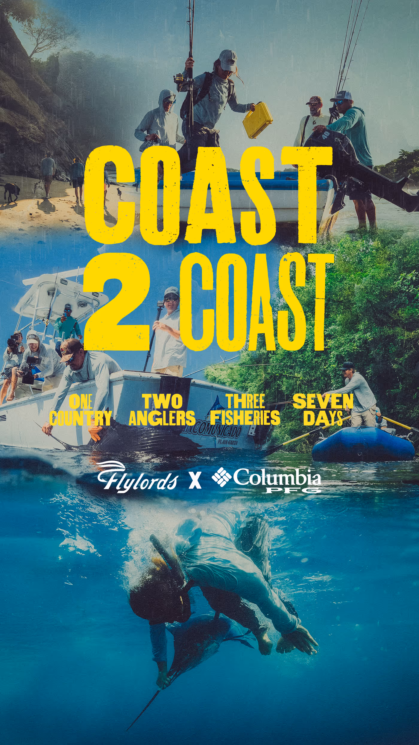 Collage of fishing scenes including anglers on boats, a man underwater holding a fish, and people fishing onshore, with large yellow text 'Coast 2 Coast' and smaller text 'One Country, Two Anglers, Three Fisheries, Seven Days'.