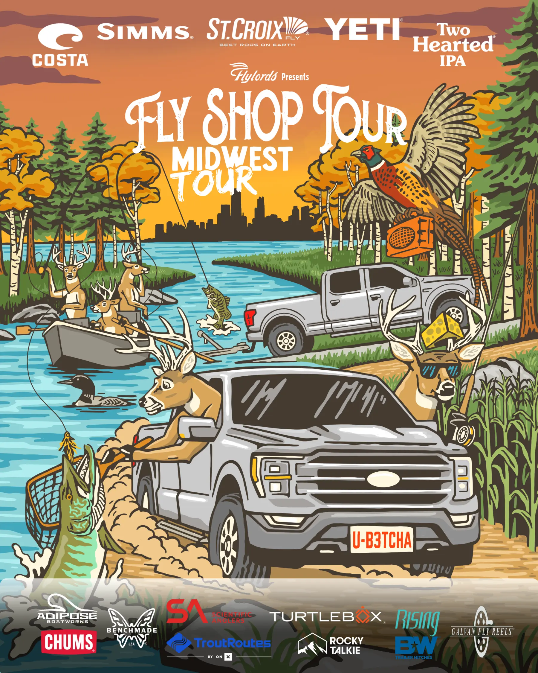 Illustration of bears fishing in a river with a blue pickup truck on a curvy road, a moose, a lighthouse, boats, and fish jumping at sunset for Fly Shop Tour Northeastern Tour.