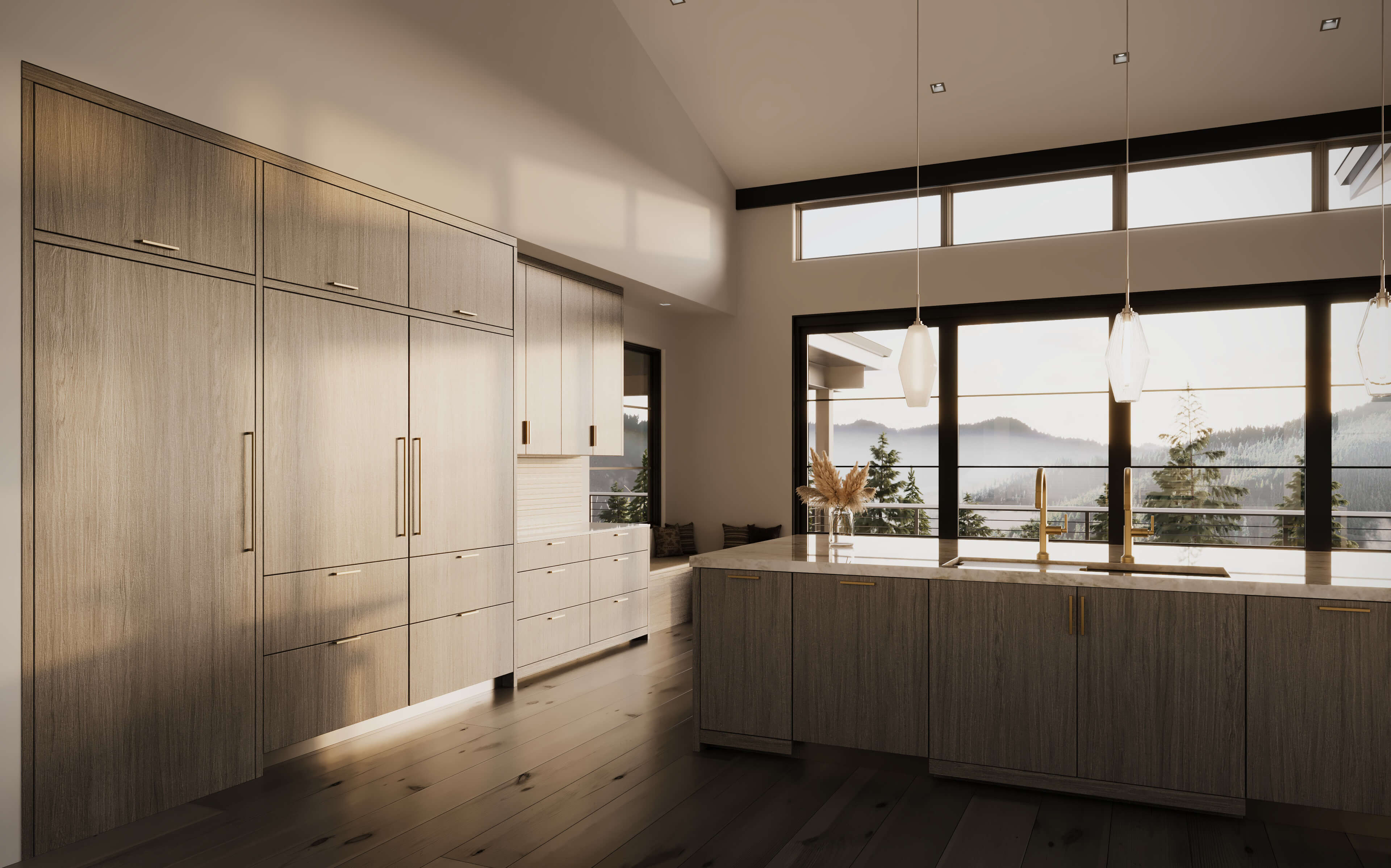 Modern kitchen with large wooden cabinets, a central island with dual sinks and gold faucets, pendant lights, and windows overlooking a forested mountain view.