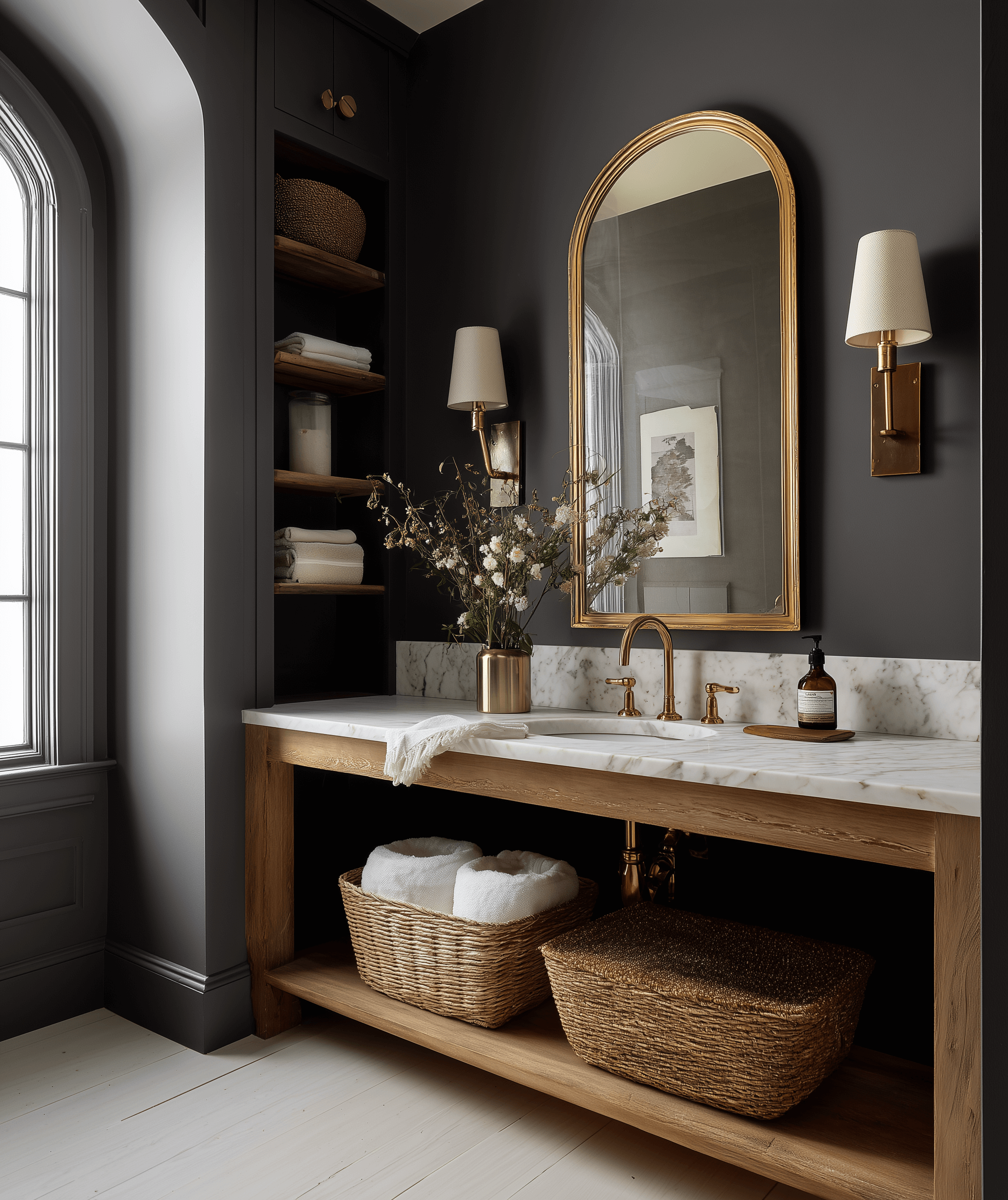 Modern kitchen interior with wooden cabinets, a stainless steel stove, a marble-topped island with dual gold faucets, and two hanging pendant lights.