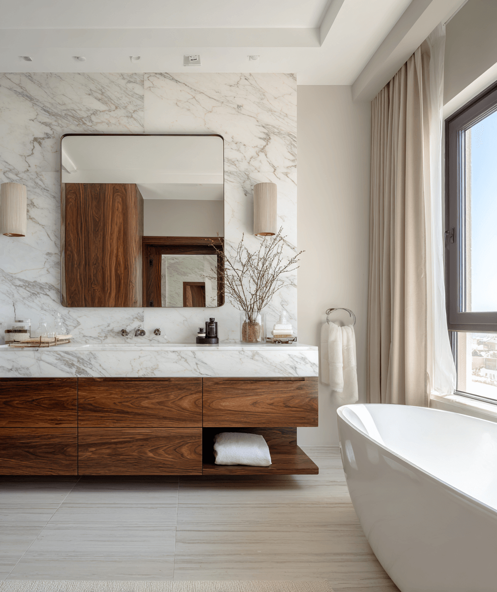Modern bathroom with a white freestanding bathtub centered between two wooden vanities, large window overlooking green trees.