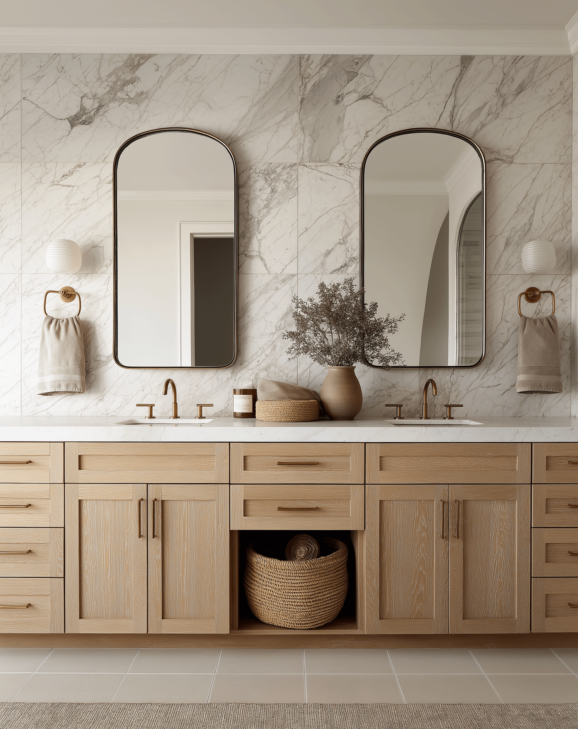 Modern bathroom vanity with two arched mirrors, brass faucets, beige towels, and a wooden cabinet with decorative basket and vase.