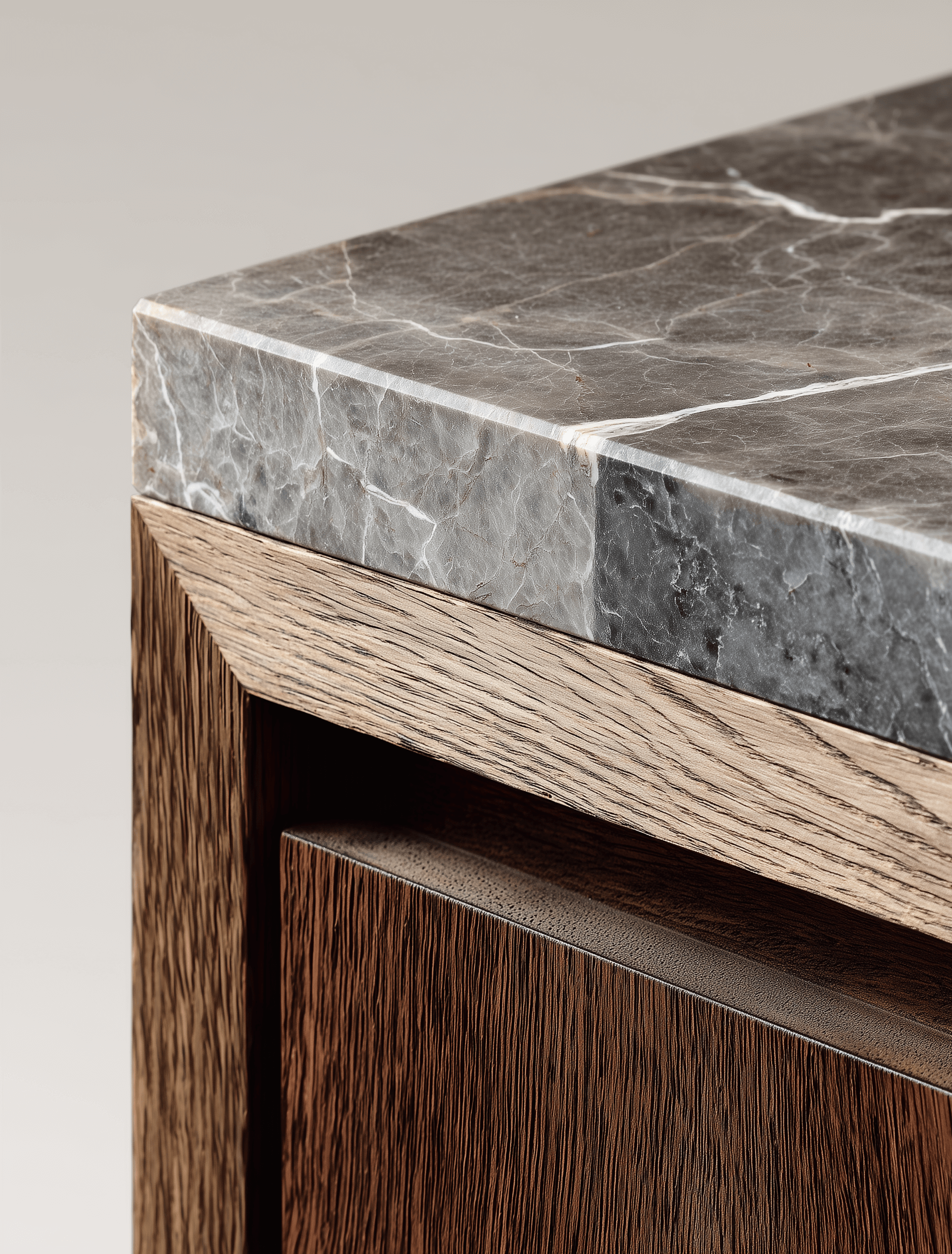 Close-up of a furniture corner featuring a grey marble top with white veining and a textured dark brown wooden frame.