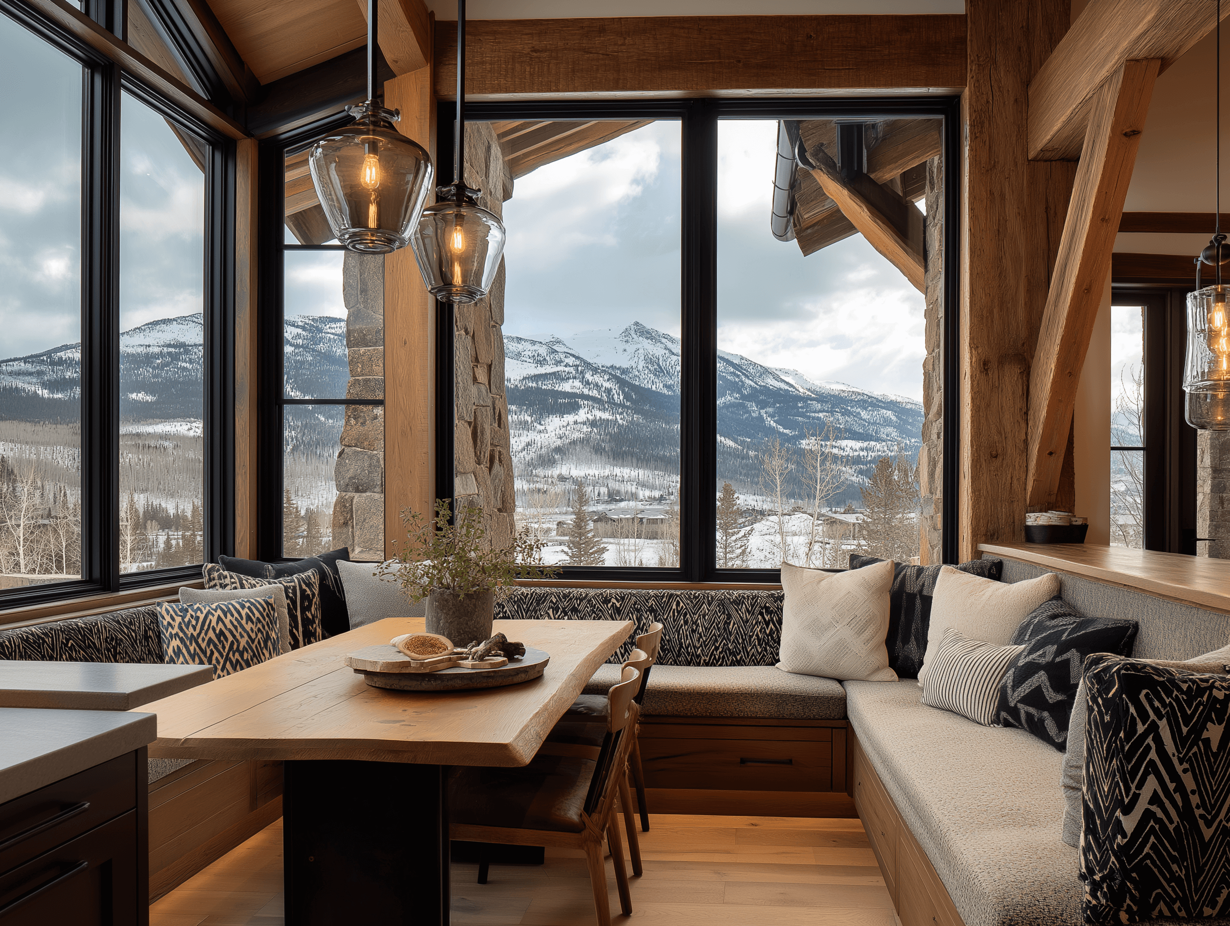 Modern kitchen with wooden cabinets, a large island with brown leather stools, hanging pendant lights, and a wooden dining table with black chairs.