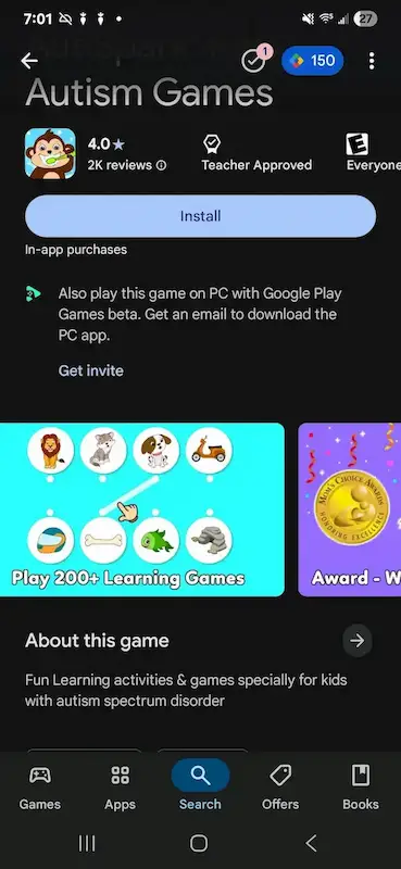 Screenshot of Autism Games app page showing support for children’s learning in everyday activities.