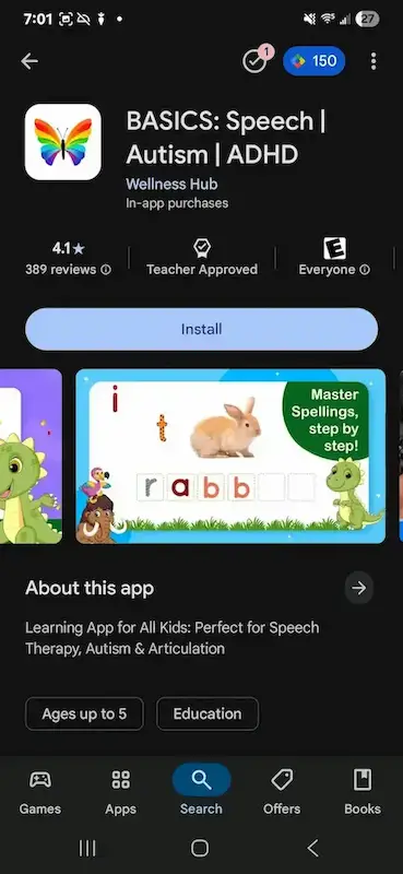 Screenshot of BASICS autism app page showing support for children’s learning in everyday activities.