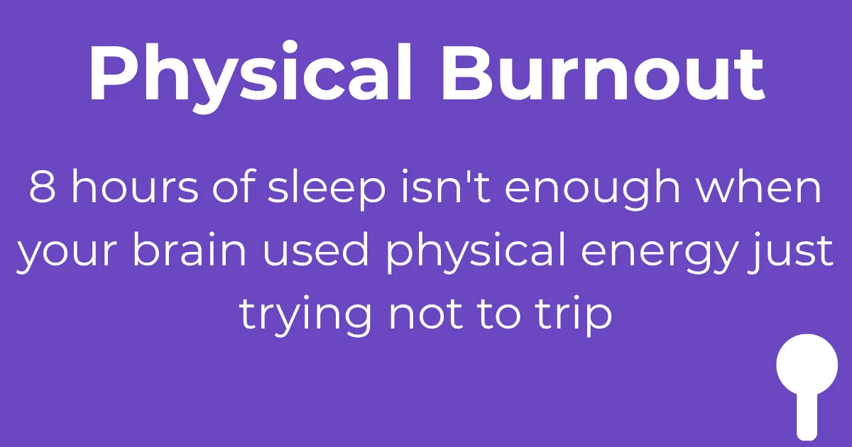 Purple gradient background with white spoon icon and text about physical symptoms of autistic burnout affecting coordination and sleep recovery