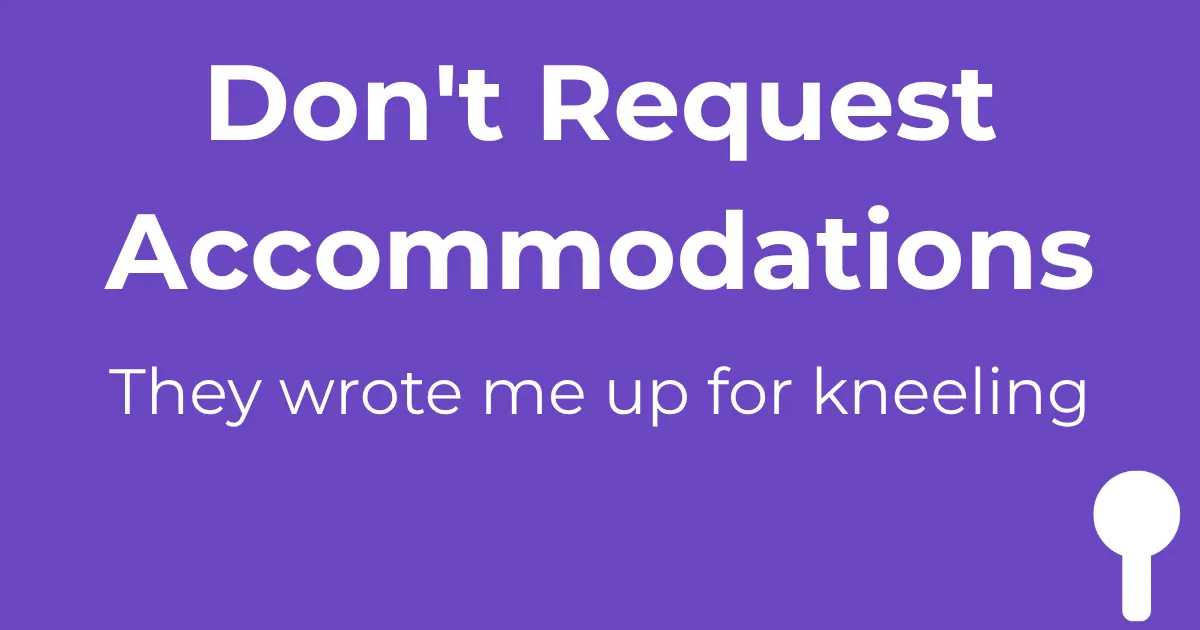 Purple background with white text reading "Don't Request Accommodations" and "They wrote me up for kneeling" - blog post about why autistic warehouse worker avoids requesting workplace accommodations due to retaliation and write-ups