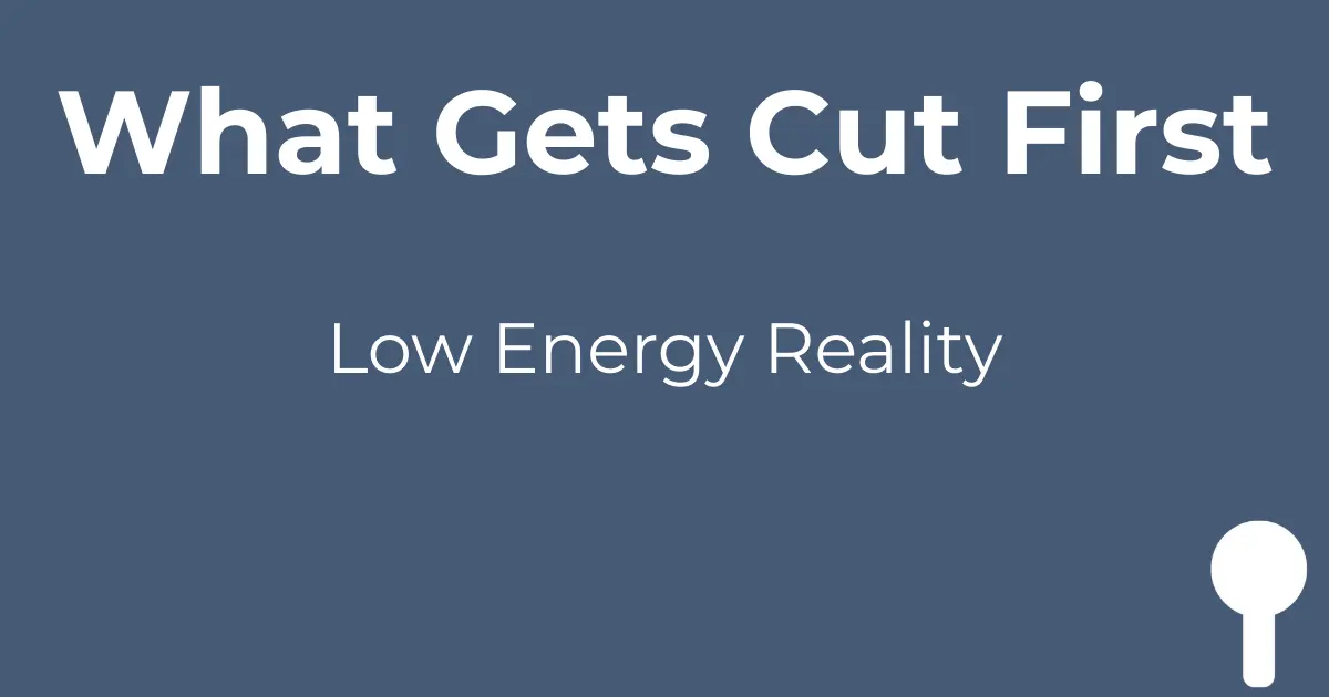 Purple graphic with white text reading 'What Gets Cut First' and 'Low Energy Reality' with white spoon icon