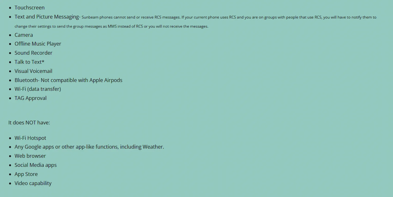 Sunbeam F1 Pro feature list showing what the phone has and does not have, including no web browser, no social media apps, no app store, and no video capability