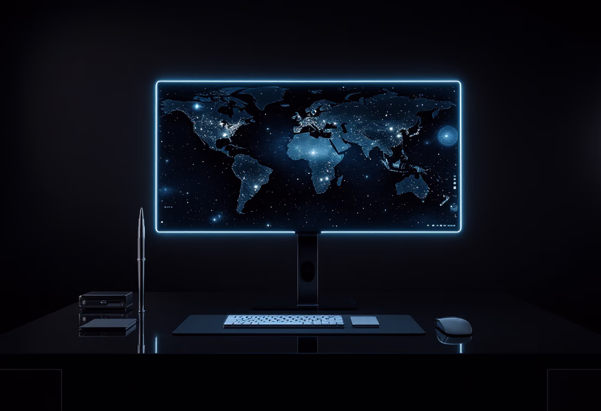 image of a desk with a computer in workspace (for a space tech)