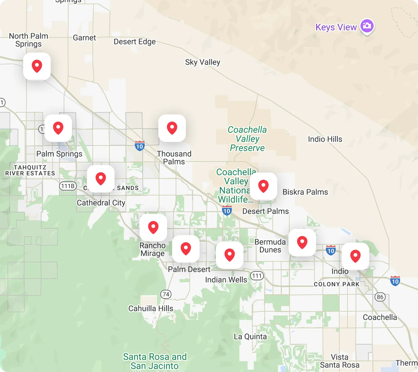 Map highlighting locations in the Coachella Valley, including Palm Springs and surrounding areas.
