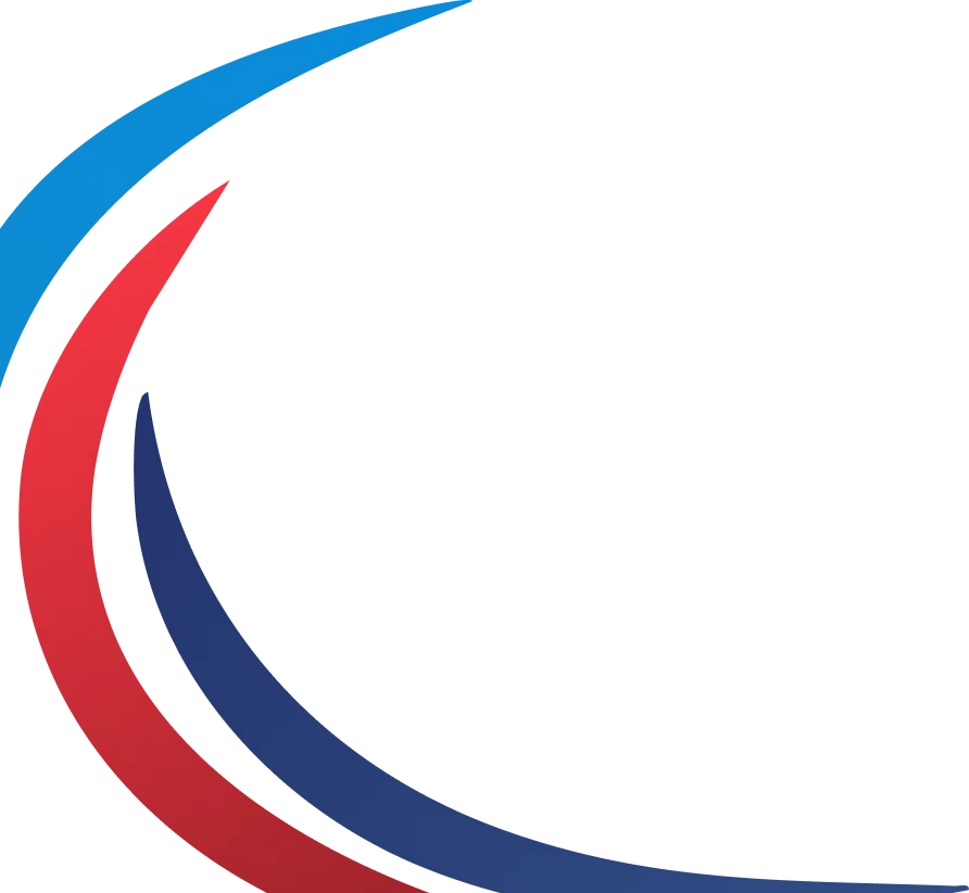 Dynamic logo design featuring blue, red, and dark purple curves representing motion and energy.