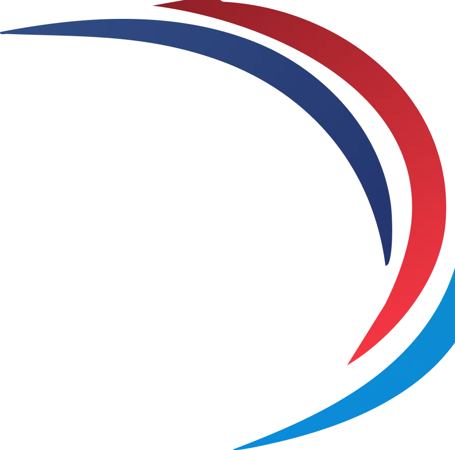 Abstract logo design featuring dynamic red and blue curves, symbolizing progress and innovation.