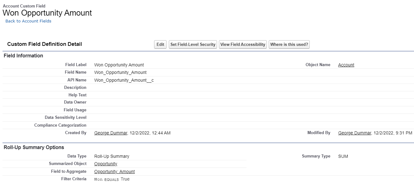 Won Opportunity Amount Custom Field