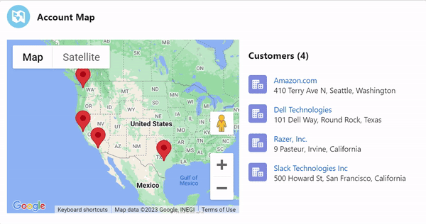 An Account Map Lightning Web Component plotting Salesforce accounts on a map