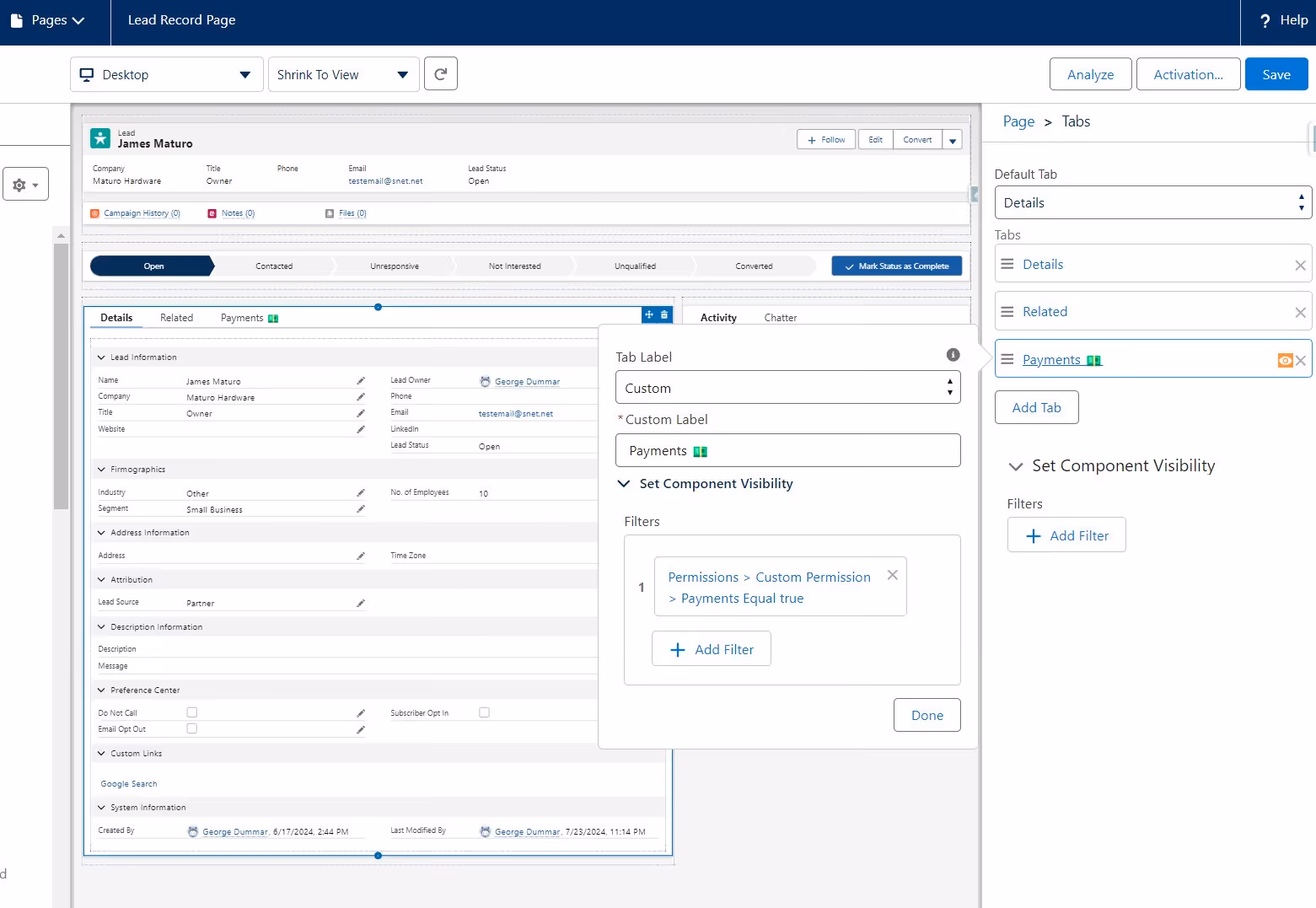 Conditional visibility for individual tabs in the Salesforce Lightning App Builder