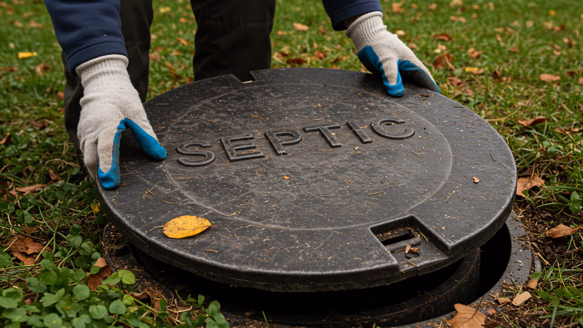 A septic worker opening up a septic tank cover