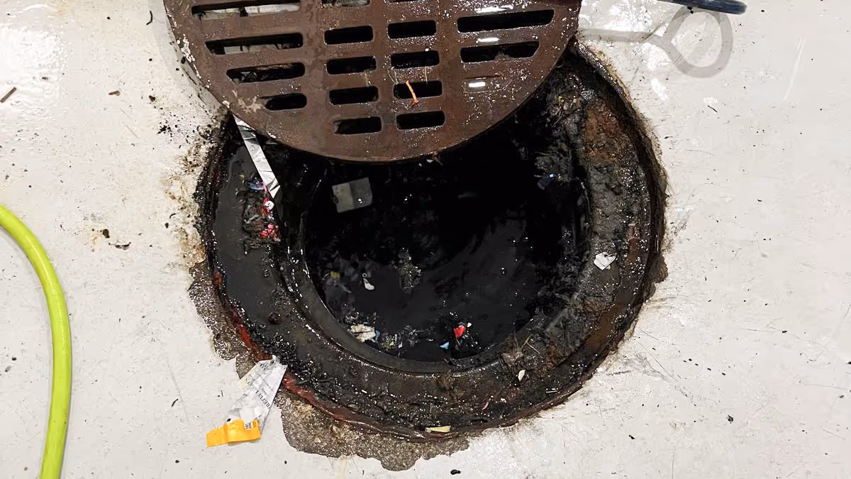An open grease trap with the lid removed