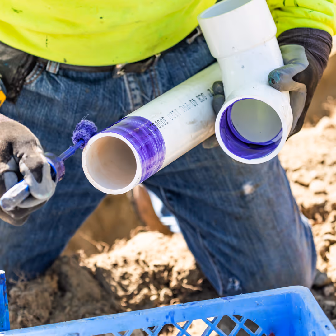 A plumber preps PVC pipes for a septic tank installation