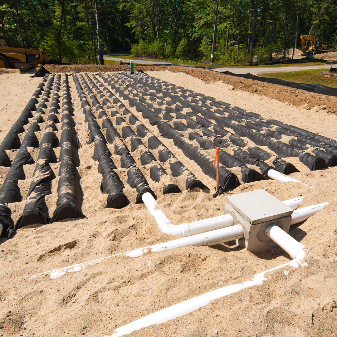 A brand new septic drain field installation