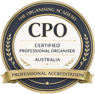 Seal of The Organising Academy certifying as Certified Professional Organiser in Australia with professional accreditation banner.