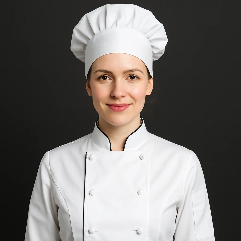 Portrait of a confident female chef in a white uniform and white hat, standing with arms crossed against a dark background.