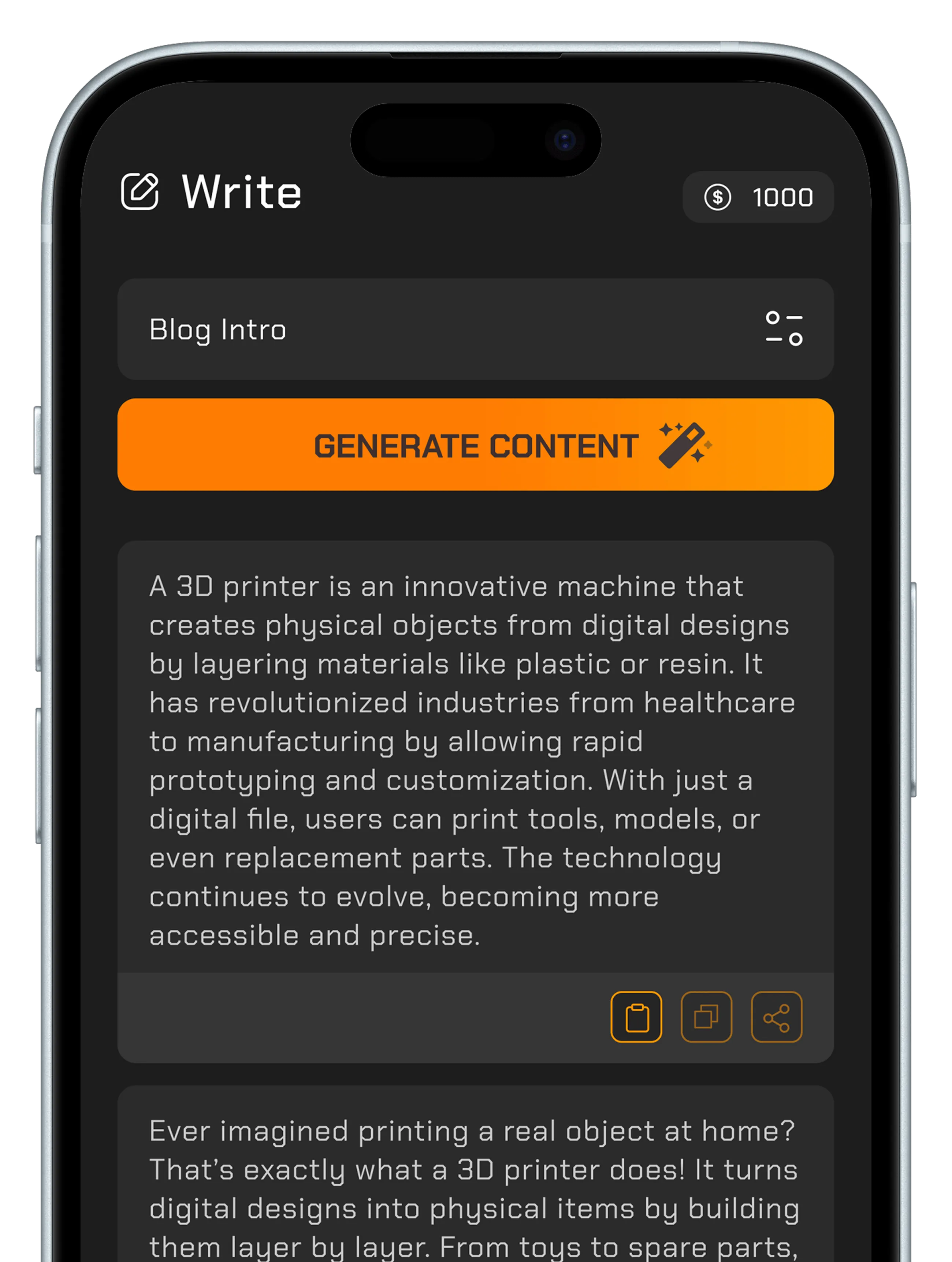 A generated blog intro displayed after submission, with sample text describing a 3D printer.