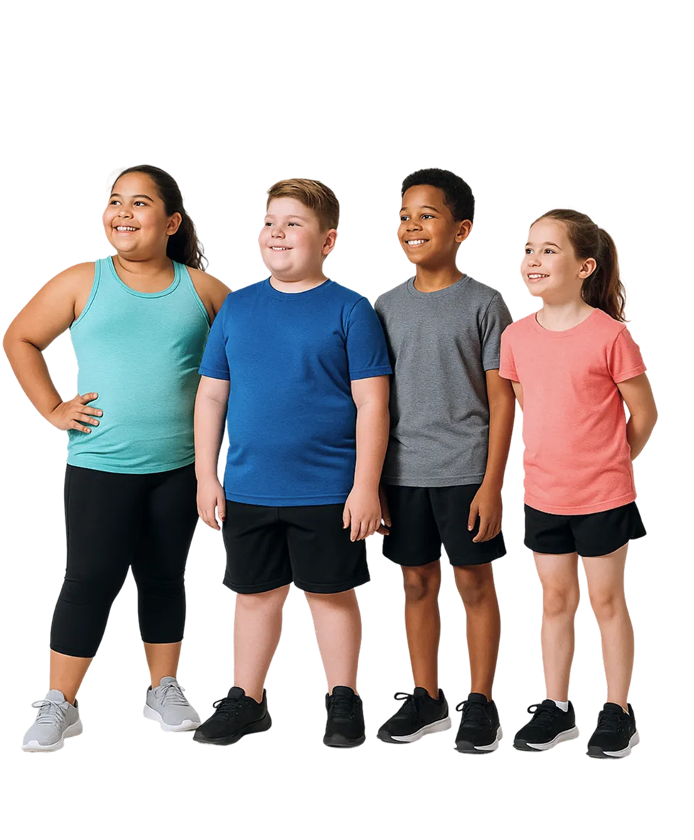 Young group of overweight kids losing weight and being active