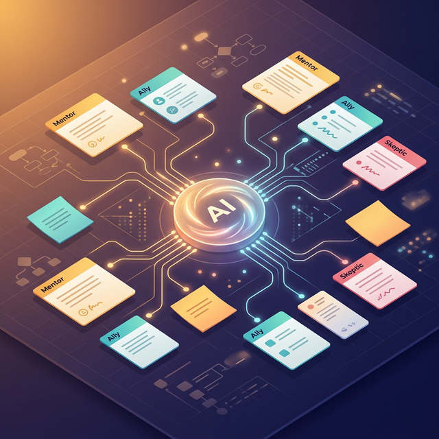a shared team canvas with different contributors' cards feeding into an AI generation layer